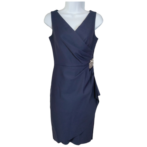 Alex Evenings Dress Womens 2 Blue Side Draped Rhinestone Brooch Wrap NEW - Picture 4 of 10